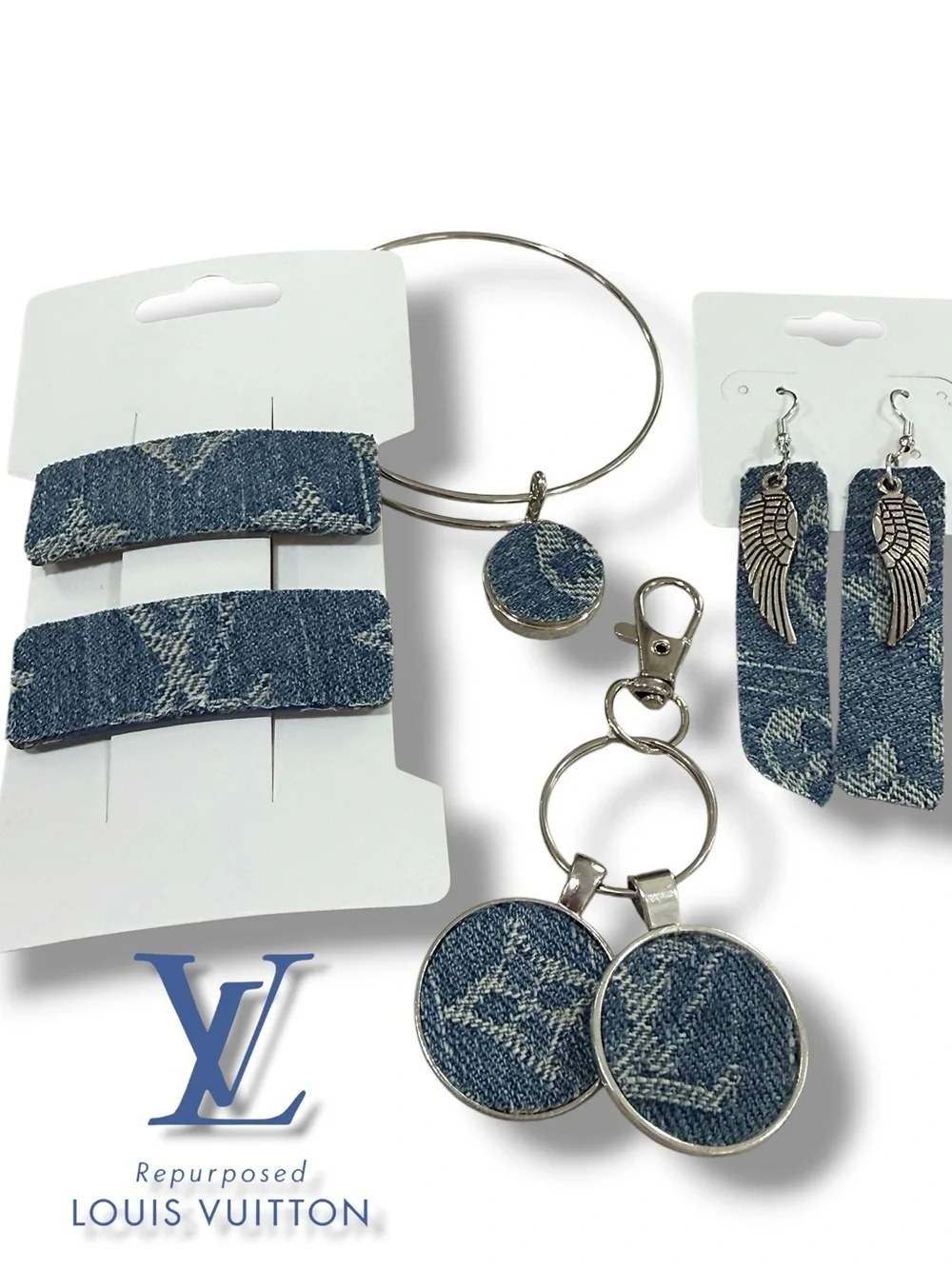 Louis Vuitton upcycled Blue Denim Y2K material accessories set